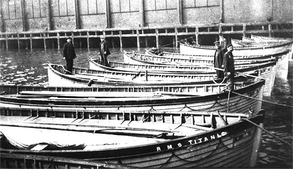 Lifeboats deposited at the White Star Line berth in New York by Carpathia, the ship that rescued Titanic survivors.